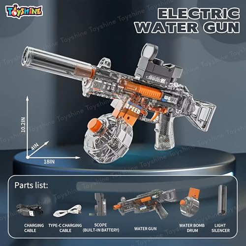 Image of Toyshine Transparent UMP45 Submachine Design Electric Automatic Water Gun Toy with Light, Powerful Rechargeable Squirt Holi Water Toy Gun Outdoor Play Kids Girls Boys 4+, Black