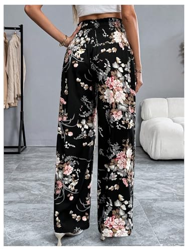Women's Floral Boho Wide Leg Shirred Elastic High Waisted Long Trousers Vacation Beach Outfits2