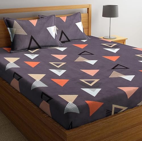 Image of Glace Cotton Double Bedsheet - 90x90 Inches with 2 Pillow Covers 18x28 Inches Dark Grey Triangle Print Bed Sheet Set - Soft Flat Bedcover for Double Mattress Bedroom Hostel Room - Grey Triangle