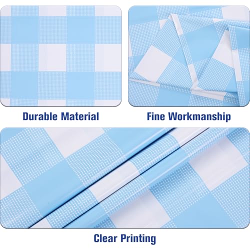 Image of Kesfey 3 Packs Light Blue Gingham Tablecloth Pale Blue and White Checkered Tablecloths 54 x 108 Inches Disposable Plastic Gingham Tablecovers Waterproof Rectangle Picnic Table Cover for Birthday Party