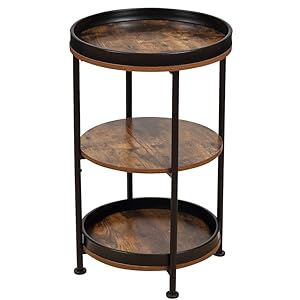 Dulcii side table round end table with 3 storage shelves for living room bedroom nightstand with steel frame for small spaces industrial round sofa table outdoor accent coffee table rustic brown  urban country home decor