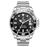 TEVISE Swiss Luminous Submariner Watch Men's Automatic Mechanical Watch Fashion Stainless Steel Waterproof Watch (Silver - Black)