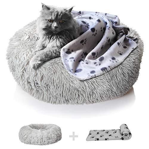 nononfish Anxiety Dog Bed and Grey Dog Calming Blanket Set Comfy Donut Cuddler