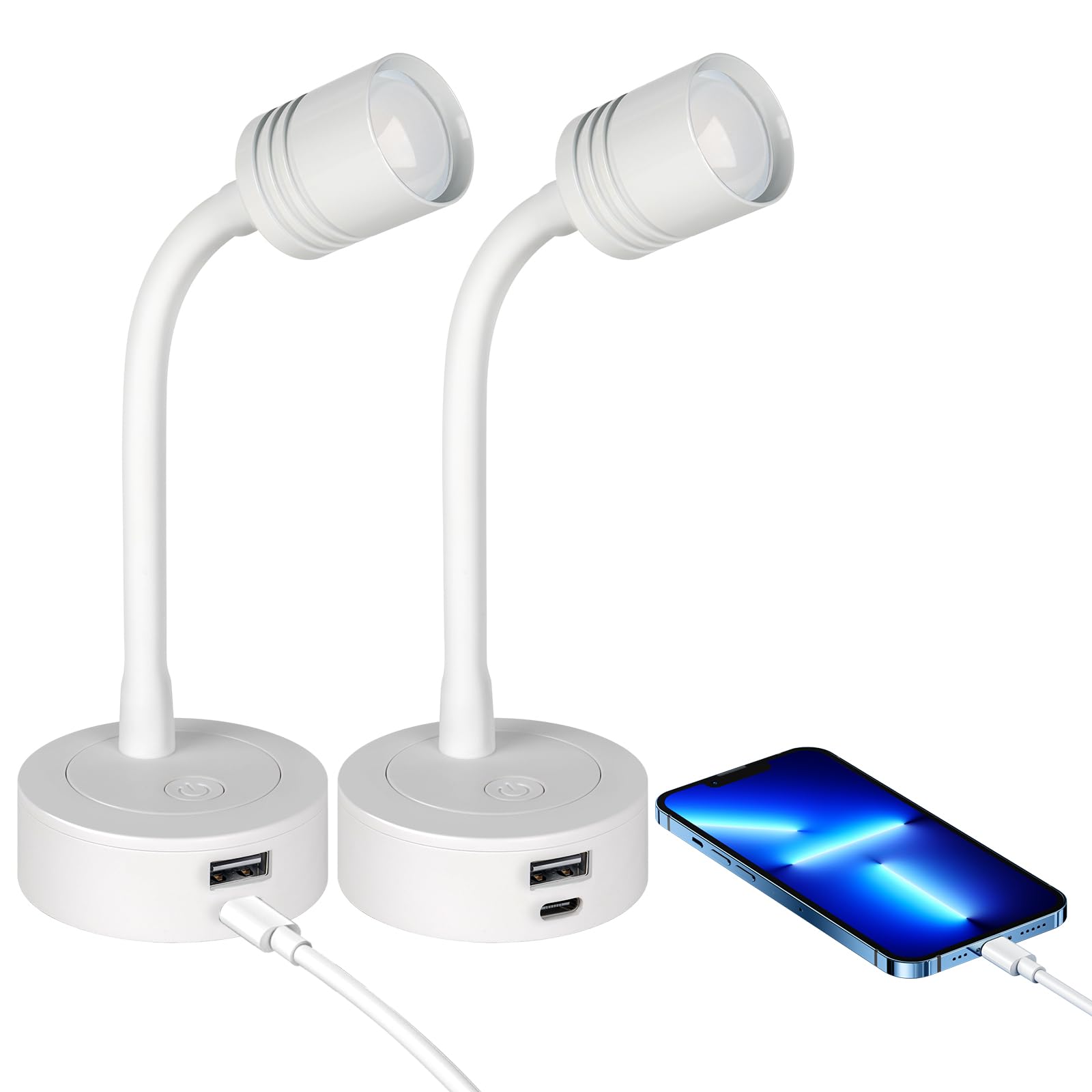 2 x Lampade da Lettura Camper LED 12V, 3200K (Dimmabile) e Luce Notturna Rossa Soffusa, Dotato di Caricabatterie USB-A e USB-C, per Barca Furgone Cabina, Flessibile Collo di Cigno (Bianco)