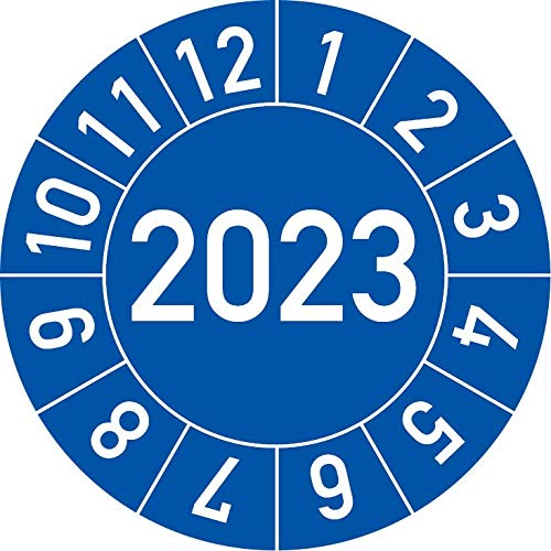 Jahresprüfplakette 2023 in verschiedenen Farben und Größen, 100 Stück, Prüfetikett Prüfplakette Jahresplakette (30 mm Ø, Blau) Cover