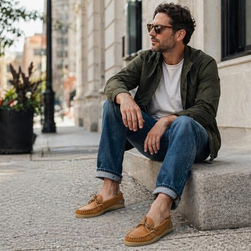 Image of Laurentian Chief Moccasin with 8-Hole Collar for Men - Stylish and Comfortable House Slippers with Brown Rubber Sole - Leather Indoor and Outdoor Slippers
