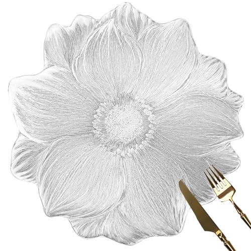 fanquare Juego de 6 Salvamanteles Individuales Plateados Redondos Metálicos 39cm, Flor de Loto, Vinilo Prensado, Lavavajillas, Bodas, Navidad, Eventos Especiales