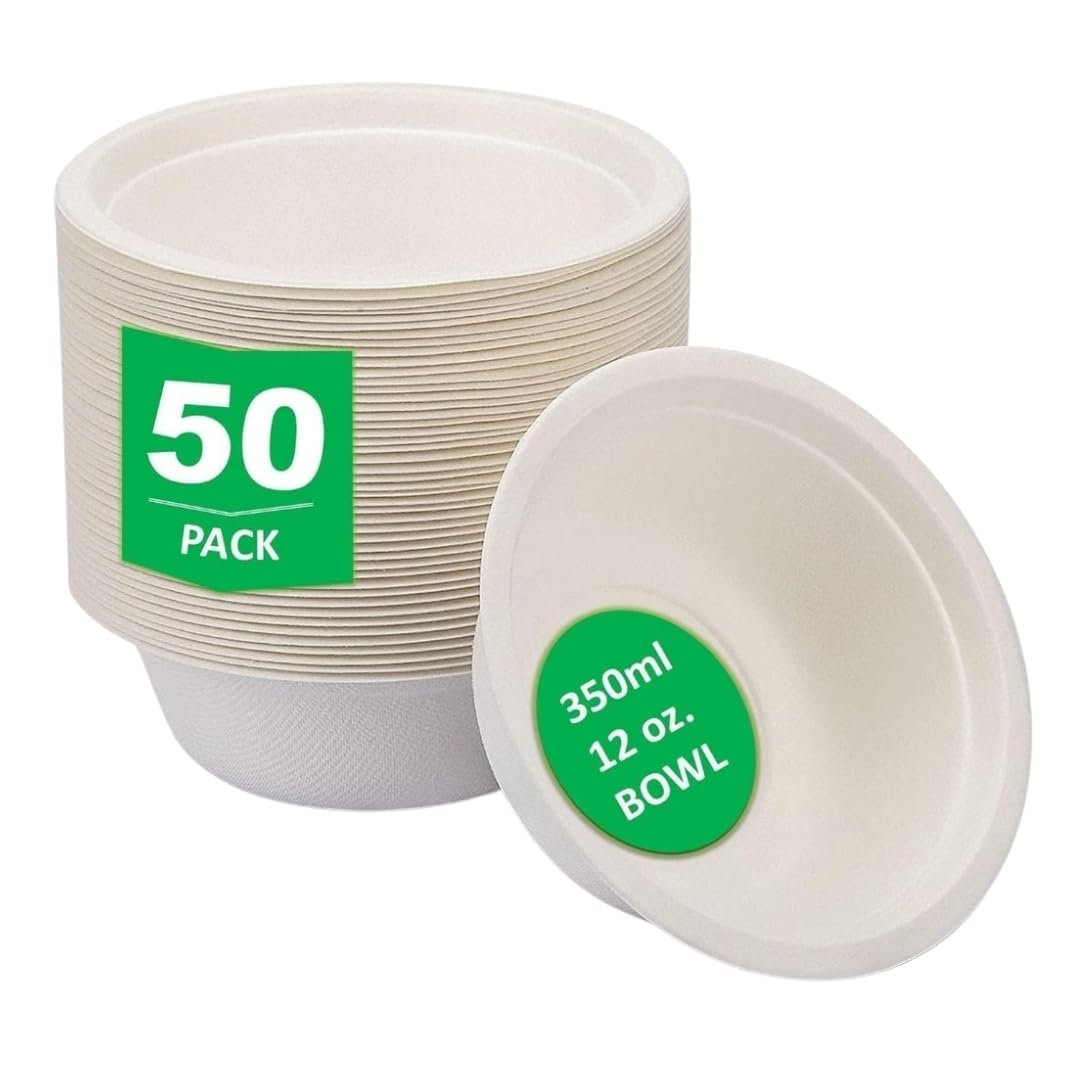 Pack of 50 Premium Quality Strong Disposable Bowls Eco Friendly Biodegradable Bowls 350ml, Perfect for Hot & Cold Foods Soup Salad Dessert Fruit Bowls Ideal for All Occasions at Home Work