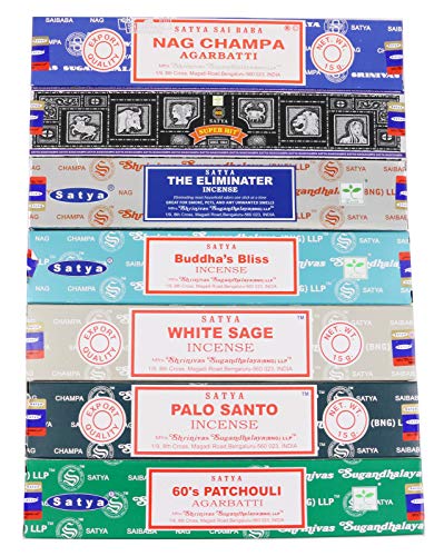 Image of Satya Incense Sticks Gift Set, 7 Scents, Nag Champa, Super Hit, Dragon's Blood, Sandalwood, Patchouli, Lavender, Positive Vibes, 15g Each (Smudge)