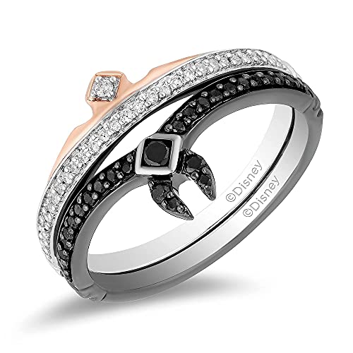 Jewelili Enchanted Disney Fine Jewelry Sterling Silver and 10K Rose Gold 1/4 Cttw Black Heat Treated with Diamond Aurora Duo Set Ring
