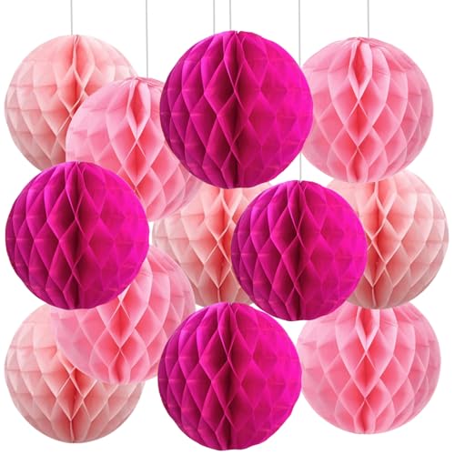 Lot de 12 Boules en Papier nid d'abeille Rose,Honeycomb Balls,Papier Pompom pour Rose Décoration de Fête