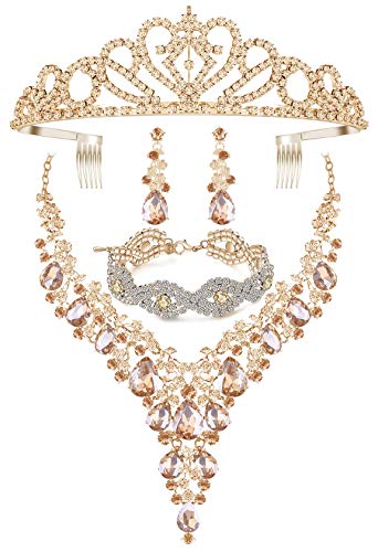 Paxuan Silver Gold Wedding Bridal Bridesmaid Austrian Crystal Rhinestone Jewelry Sets Statement Choker Necklace Drop Dangle Earrings Sets for Wedding Party Prom (Necklace + Earring + Bracelet +Tiara (Champagne))