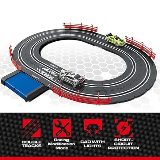 EXOMOON Slot Car Set 2023 Racing DIY Race Track Electric Slot Game 1:43 Slot Track Racing Car with Headlights and Dual Racing, Race Car Track Sets with 2 Hand Controllers 4