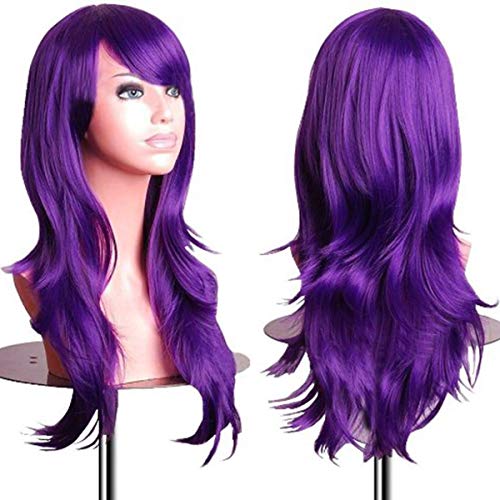 XVbond Women's Wig 28" Fluffy Curly Wavy Hair Wigs for Girl Heat Friendly Synthetic Cosplay Halloween Party Wigs with Wig Cap (Purple)