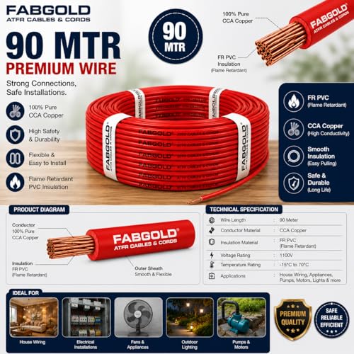 Image of 1.0 sqmm Single Core Copper Electrical Wire, 90 Meter (Red) | Heat Resistant & Flame Retardant (FR) | Lead-Free LSH House Wire for Home & Industrial Use
