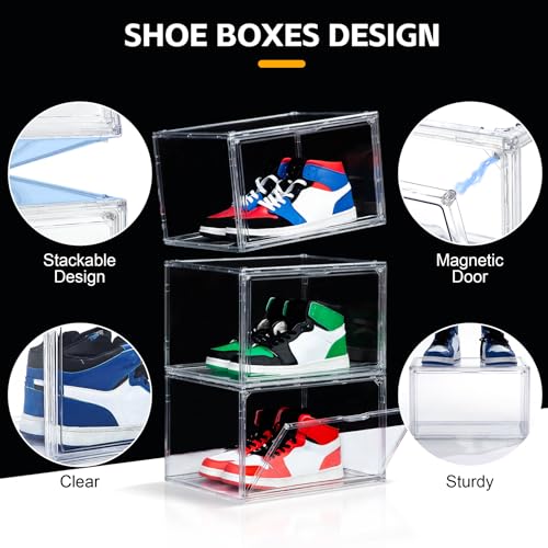 Image of NYZE 12 Pack Acrylic Shoe Boxes Side Open, Clear Shoe Box Plastic Stackable, Shoe Storage Organizer with Magnetic Door, Shoe Display Shoe Containers with Lids Fits Up to Size 15