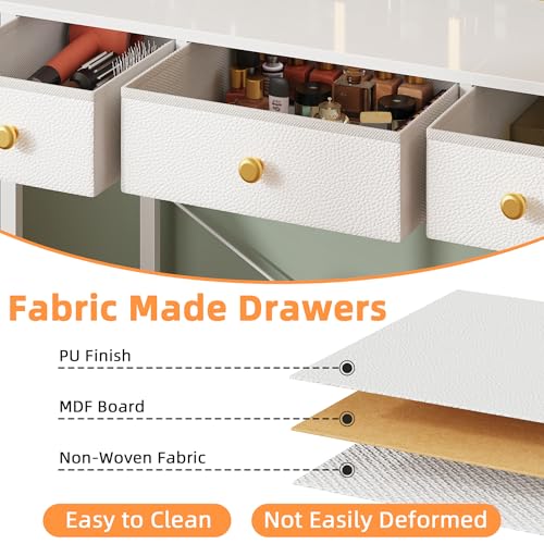 Image of HIGDBFE Small Makeup Vanity Desk 35''W with Mirror and Lights, 3 Drawers | USB Lighted Mirror, Height-Adjustable Stand, Fabric Drawers, Girls /Kids Gifts, Bedroom, Small Space, Dorm, White