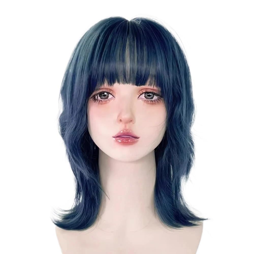 Peluca azul corta Bob ondulada con flequillo de aire para mujer 7