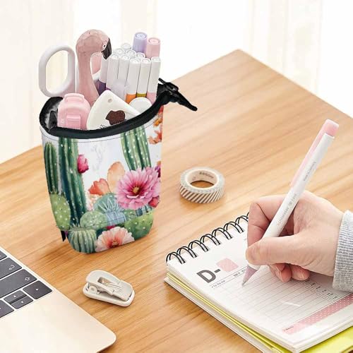 Image of Swono Cactus Floral Pencil Case Bright Tropical Flowers Roses Cacti Watercolor Standing Pencil Case Pencil Holder Pencil Pouch Cosmetics Pouch Makeup Office Bag Colorful