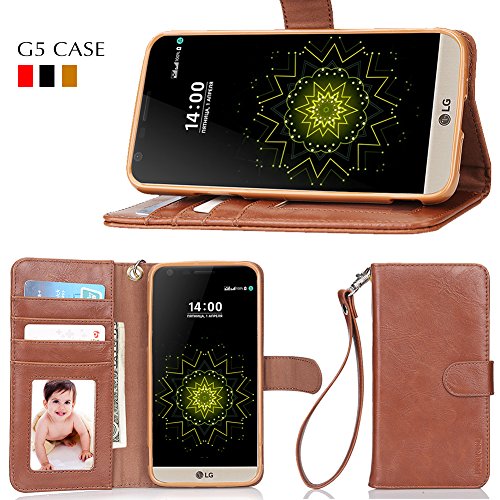 LG G5 Étui aigumi LG G5 Étui portefeuille, luxe rétro Étui en cuir PU à rabat avec porte-cartes et support pour LG G5 G5 Brown