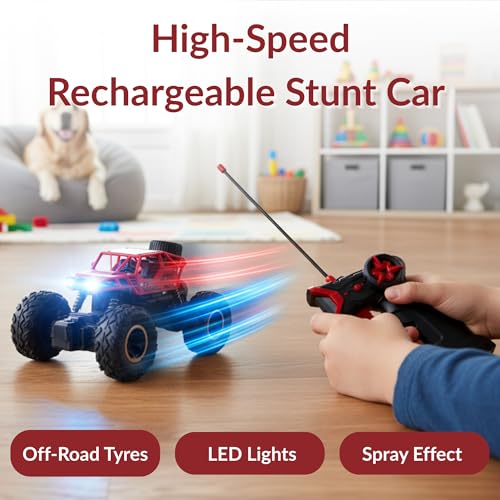 Image of Lilplay Monster Truck | Rechargeable Remote Control Car for Kids | Rock Crawler 5 Function 1:18 RC Car with Smoke | Offroad High Speed Rock Climbing Toys for Boys (Red)