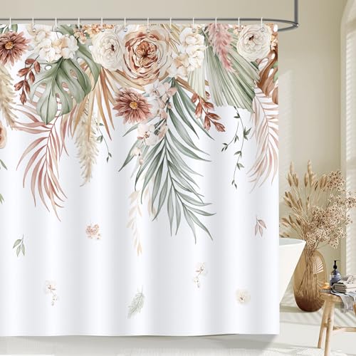 Bonhause Duschvorhang Boho Tropische Blätter Blume Gelbes Braun Plantes Duschvorhänge 180 x 180 cm Anti-Schimmel Wasserdicht Polyester Stoff Waschbar Bad Vorhäng für Badzimmer mit 12 Haken