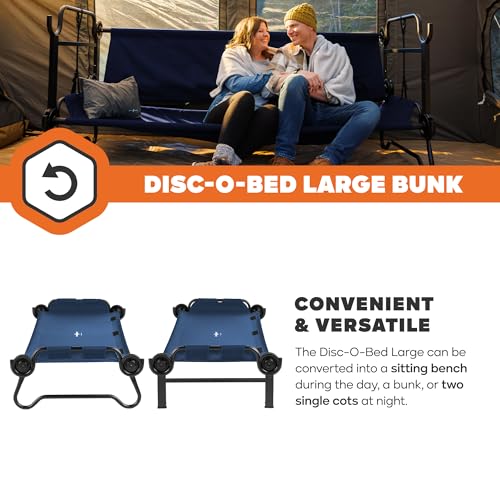 Image of Disc-O-Bed Large Outdoor Convertible 2 Person Bench and Double Camping Cot Portable Bed Bunk System for Adults, Navy