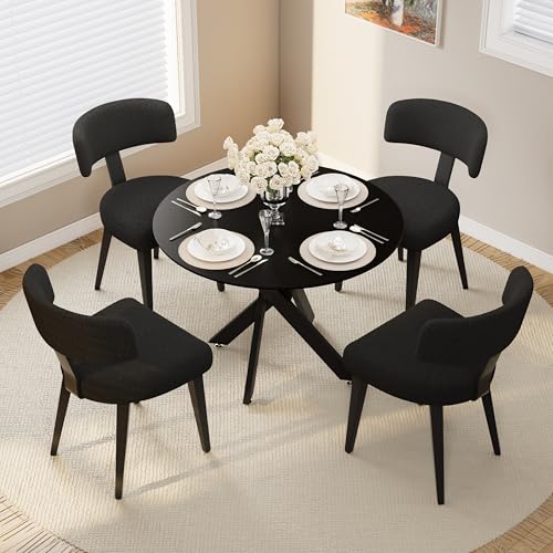 Image of Wood Dining Table Set for 4, 36 inch Round Kitchen Table with 4 Boucle Dining Chairs, MDF Tabletop with Metal Legs, Ergonomic Dining Chair with Metal Legs(Black Table)