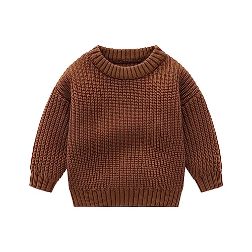 Toddler Boys Girls Knitted Sweater Solid Color Pullover Round Neck Long Sleeve Warm Fashion (Coffee, 5-6 Years)