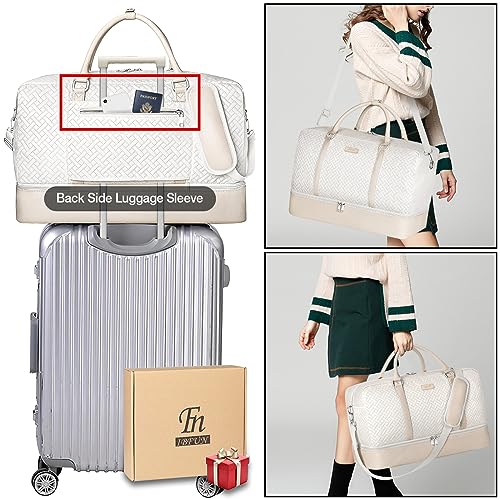 Image of Weekender Bags for Women with Shoe Compartment 3Pcs Overnight Bag 21 inch Travel Duffel Bag Carry on Tote with Trolley Sleeve for Men Travel /Business /Gift, A6-Polyester-Beige, Large