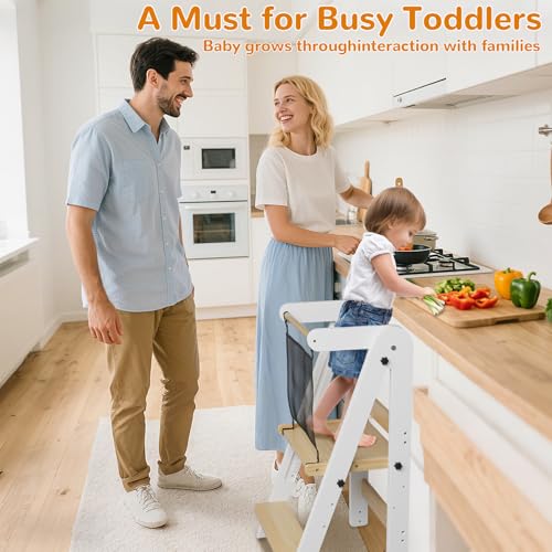 Image of ROOMTEC Foldable Toddler Kitchen Tower, 3 Adjustable Height Wooden Learning Stool, Toddler Standing Tower with Safety Net for Kitchen Bathroom Sink Counter (White)