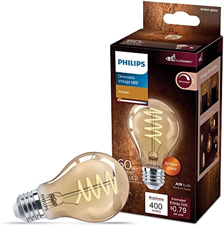 Philips LED Vintage Flicker-Free Amber Spiral A19, Dimmable, Eyecomfort Technology, 400 Lumen, Amber Light(2000K), 6.5W=60W, Title 20 Certified, E26 Base, 1-Pack (565796)