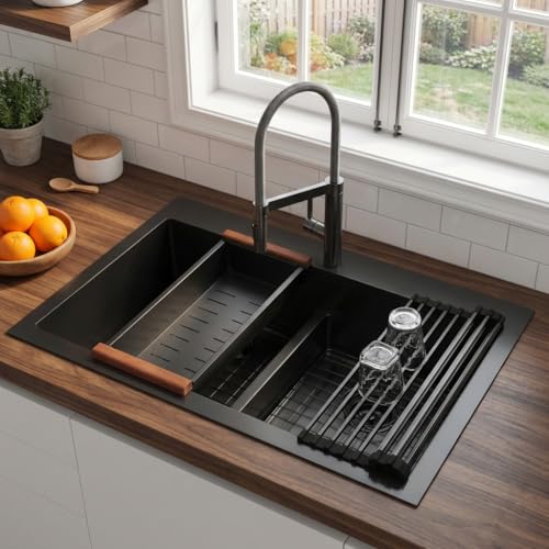LQS Fregadero de cocina negro, fregadero de cocina de doble tazón negro para muchas ollas y sartenes, fregadero de cocina de acero inoxidable de 33 x 22 pulgadas con coladores de fregadero y