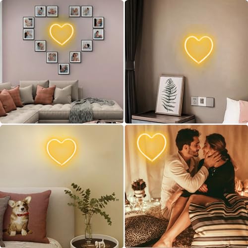 Image of Warm White Heart Neon Sign Battery Operated or USB Powered LED Heart Light | LED Heart Neon Lamp for Valentines Day Wedding Proposal Mother's Day Dorm Bedroom Decor, Gifts for Mom Wife Girfriend Girls