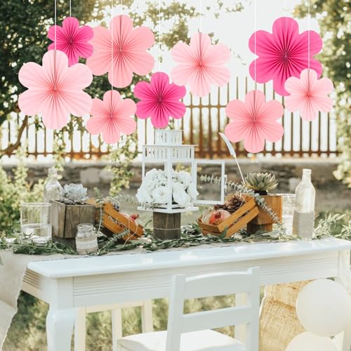 Image of SUNBEAUTY Paper Flowers Decoration, Set of 9 - Hot Pink Paper Flower for Wall Hanging Ornaments, Party Fans & Floral Backdrop for Weddings Baby Showers Birthdays Valentine Mother's Day & More