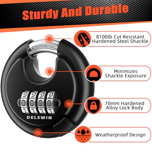 Image of DELSWIN 4-Digit Disc Combination Lock Outdoor - Heavy Duty Combination Padlocks with Hardened Steel Shackle Weatherproof Combo Locks for Gates,Sheds,Fence,Storage Unit (3 /8 inch Shackle, Black and Silver)