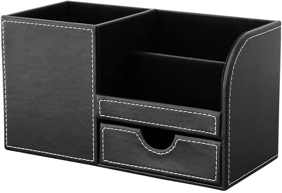 KINGFOM Desk Organizer Office Supplies Caddy Pu Leather Multi-function Storage Box Pen/Pencil,Cell phone, Business Name Cards Remote Control Holder with Small Drawer Black