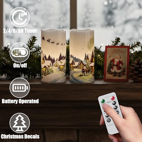 Image of GenSwin Christmas Flameless Candles with Remote Timer, Set of 2 Christmas LED Battery Operated Pillar Candles with Snow House, Santa, Reindeer Decals for Holiday Winter Party Home Decor(D3 inch x H6 inch)