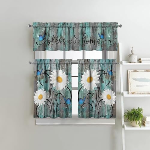 Image of Daisy Kitchen Curtains 3 Piece Set Tier Valance Window Decor