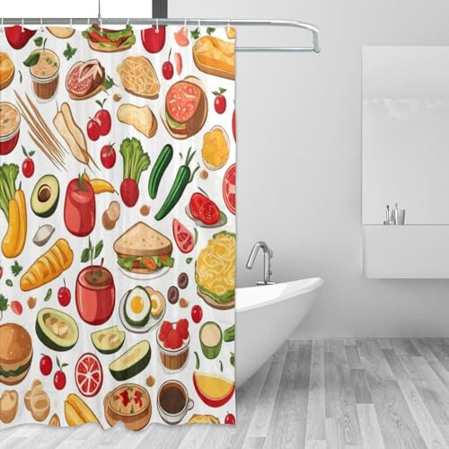 ZGDPBYF Cortina de ducha para baño, diseño de dibujos animados, impermeable, de poliéster, con diseño de alimentos, colorido, transparente, con ganchos, lavable, 240 x 180 cm (ancho x alto)