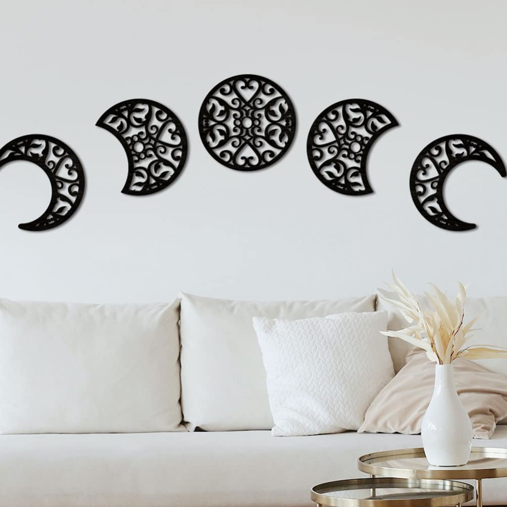 HOMSFOU Moon Phase Wall Decor 7.87 Inch Wooden Moon Art Set 5 Pieces Celestial Bedroom Living Room Wall Decoration - Image 3