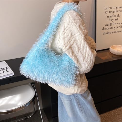 Image of Fluffy Shoulder Hobo Bag Handbag and Purse Women Y2K Fuzzy Soft Plush Underarm Tote Bag