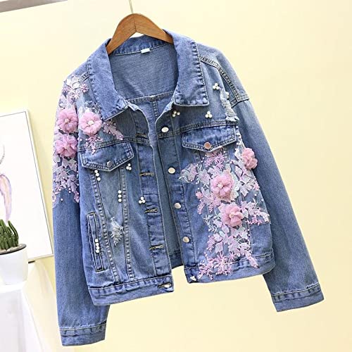 Wpyyi Autumn Women Denim Jacket Embroidery Three-Dimensional Floral Jeans Jacket Beading Pearl Ripped Hole Outerwear (Color : Blue, Size : Xl Code) #TOP2