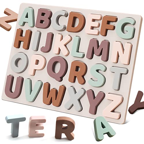 Image of Macabaka Silicone Alphabet Puzzle, ABC Puzzle Shape Alphabet Toys with Puzzle Board & Soft Letter Blocks for Toddlers, Montessori Preschool Early Education Learning Toy for Boys and Girls