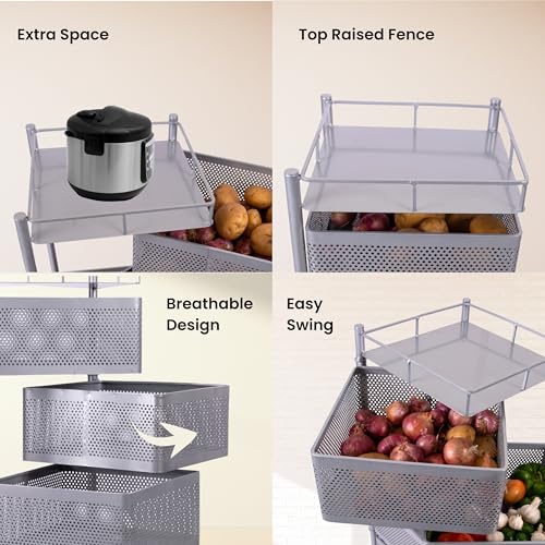 Image of KITCHIVO Kitchen Storage Rack | Revolving Vegetable Rack | Square Multipurpose Storage Trolley with Wheels | Metal Fruit Rack (Silver, 3 Layer)