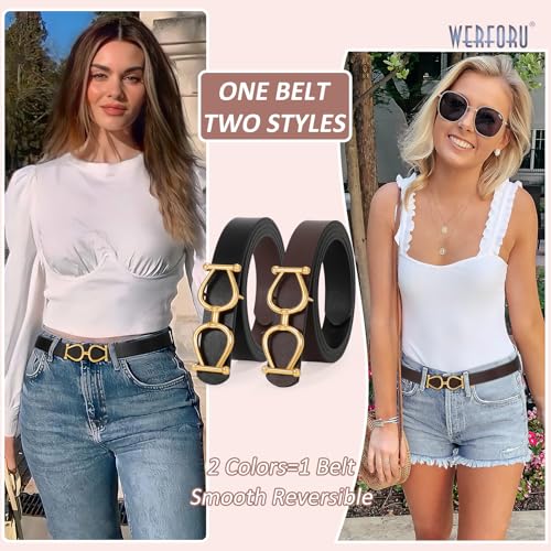 WERFORU Women Reversible Leather Belt for Women, Two-in-One Women Gold Buckle Leather Belt for Jeans Dress,Black/Coffee, 47.2 Inches Length,Fit Waist Size 36 Inches-40 Inches2