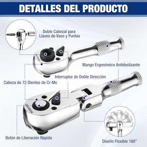Chicharra de 72 dientes WORKPRO con cabezal flexible para espacios estrechos 3