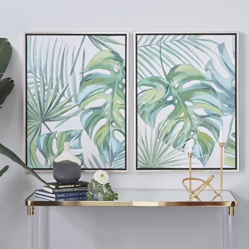 CosmoLiving by Cosmopolitan Canvas Leaf Tropical Framed Wall Art with Silver Frame, Set of 2 24"W, 32"H, Green - Image 2