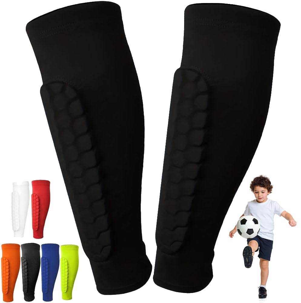 Parastinchi da calcio per bambini, ragazzi e adulti, manica a compressione per polpaccio con cuscinetti a nido d'ape, attrezzatura protettiva leggera per polpaccio, per calcio, baseball, boxe