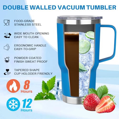 Image of 30 oz Tumbler with Handle, Stainless Steel Insulated Tumbler with Lid and Straw, Double Wall Vacuum Coffee Mug Tumbler, Insulated Coffee Thermal Cup for Cold and Hot (Sea Blue)